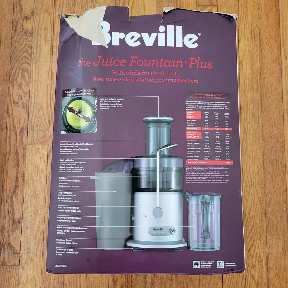 Breville Juicer Silver Dual Speed Wide Chute Juice Fountain Plus JE98XL WORKS